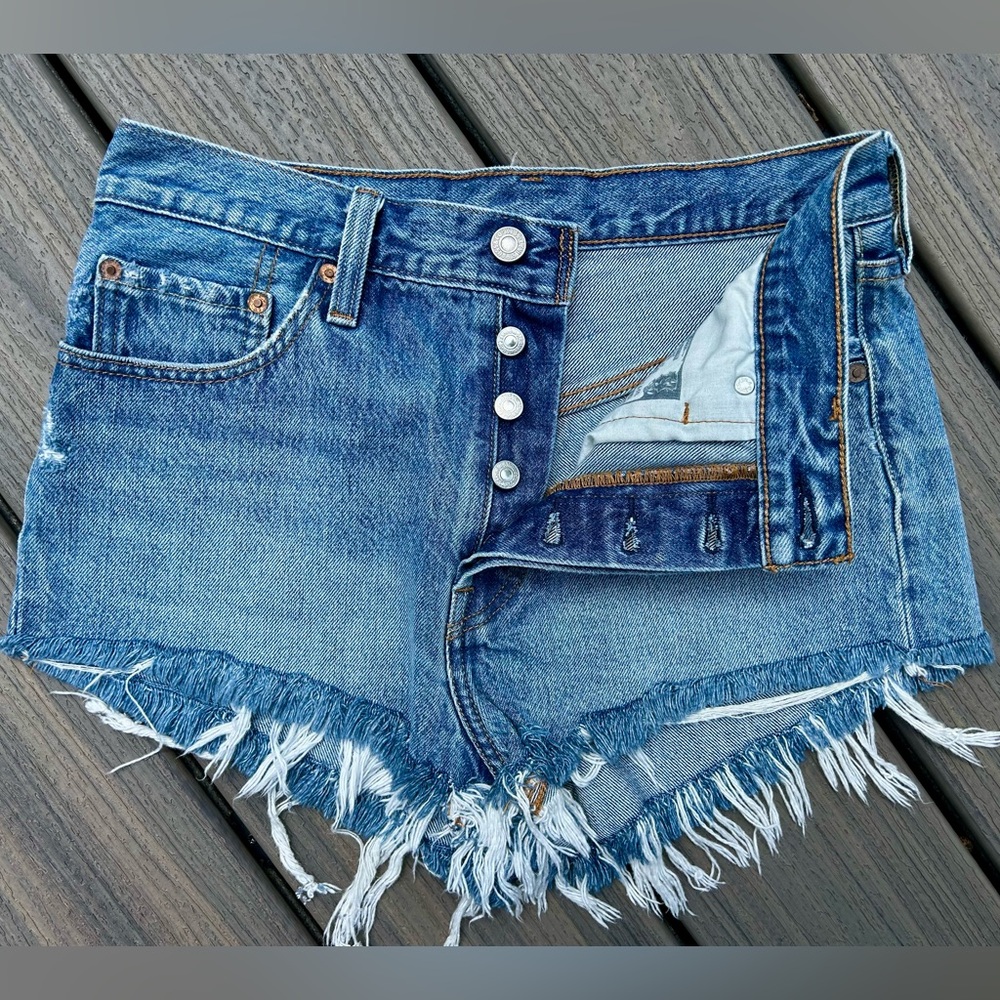 Levi's 501 Button Fly, Blue Frayed Jean Shorts